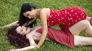Prankish Lesbian Teens Sabina Rouge And Jade Baker Make Love Among The Flowers