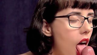 Pretty Brunette In Eyeglasses Gives Blowjob And Handjob For Cumshot