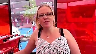 Fat Blonde With Glasses, Sophie Is Sucking A Sex Toy While Getting Fucked From The Back