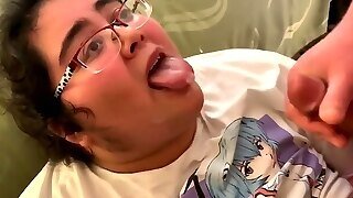 Hairy Fatty Sucks Cocks And Gets Sprayed With Cum