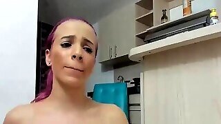 Killer Purple Haired Gal With Big Tits Vs Dildo On Cam