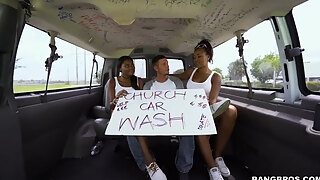 Ebony Babes Give Lucky Dude A Double Blowjob In A Moving Car