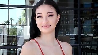 Skinny Teen In A Red Dress, Scarlet Chicagoon Is Drilling Her Tight Pussy With A Huge Dildo