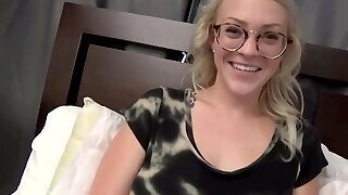 Nerdy Blonde With Glasses Is Sucking A Stiff Cock And Getting It Inside Her Wet Pussy