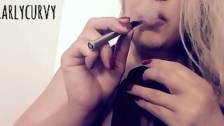 Towheaded Carlycurvy Vaping And Toying In A Short Leather Sundress