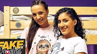 Fake Hostel Threesome With Big Ass Babes Seducing Huge Cock