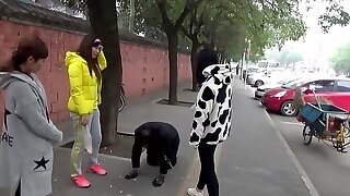 The Slave Was Ridden Outdoor And Kneel Down On The Road While Slapped