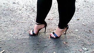 Wife Walk On Puddles In High Heels Sandals