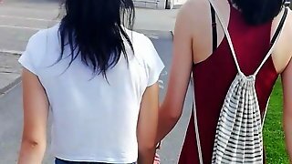 Candid Teen Walking In Blue Shorts On The Street City