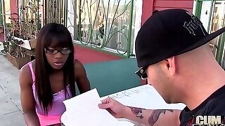 Ebony Slut With Glasses Is Able To Satisfy Three Guys At The Same Time, With Ease