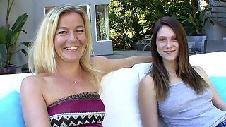 Blonde Lesbian Milf Fucks Younger Girl On The Couch