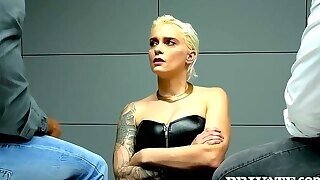 Inked Blonde Babe, Mila Milan Is Sucking Two Cocks During An Interrogation In A Police Station