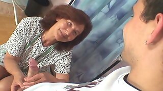 Sewing Granny Swallows Customer's Cock