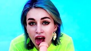 Blue-haired Babe Riding And Smoke Toy - Facial Cumshot Imitation Near The Pool