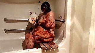 Ugly, Obese Old Lady, Huge Belly, Nude Shower With Chocolate Syrup