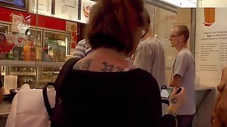 Naked Blonde In Line At Fast Food Shop