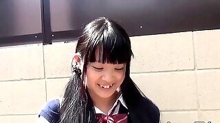 Lil Asian Student Toys Pussy Over Panties In Public